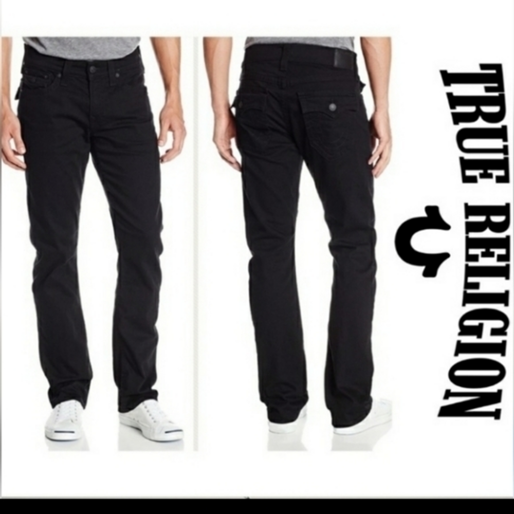 True Religion Ricky‎ Straight Denim Jeans Jet Black w/Flaps 32x35 Super T Stitch